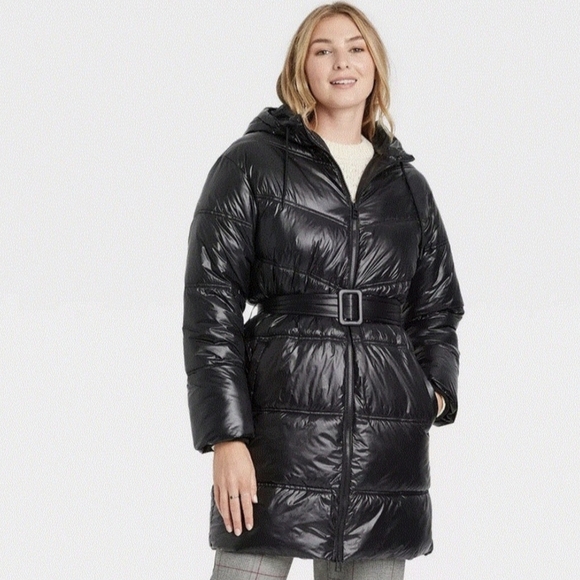 a new day Jackets & Blazers - A New Day Women's Black Puffer Jacket with Hood  & Waist Belt L (NWOT)